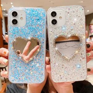 Diamond Heart Mirror Silicone Phone Case for iPhone 15 pro MAX Full Screen Sparkling Glitter Apple 13 Transparent Drip Glue 12 Compact Mirror 14 plus