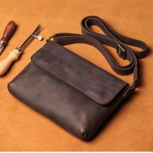 Mens Cowhide Bag Flap Fashion Shoulder Bag 7.9 Inch iPad Phone Bag Vintage Leather Crossbody Bag Gift for Husband