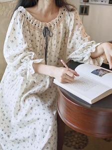 Pure Cotton Long Sleeve Sleepwear Womens New Style Spring Autumn  Small Floral Print Loose Home Clothes with Chest Pad