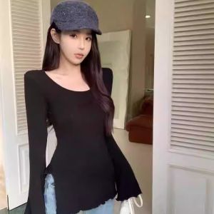 Áo Thun Dài Tay Sọc Hàn Quốc Nữ Mùa Xuân Mùa Thu Lớp Nối Thon Gọn Thiết Kế Chia Bên Hông Không Đều Áo Thoải Mái Cotton Vải Bông