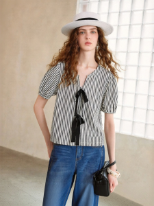 Toyouth | Breathable Striped Short Sleeve Shirt Airy Loose Fit Bow Tied Puff Sleeves
