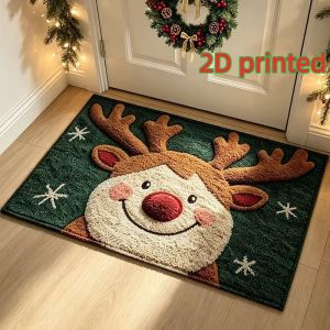 VIKAMA Cute Smiling Reindeer Doormat Green Merry Christmas Welcome Mat Snowflakes Winter Entryway Rug Front Porch Decor
