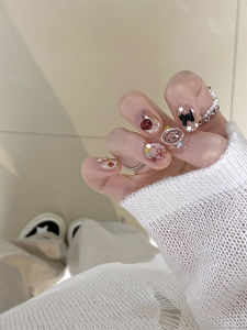 Handmade Short Nail Stickers Cat Design Metal Ring Cherry Dog Pattern Fun Childrens Ins Style Nail Art Wearable False Nails