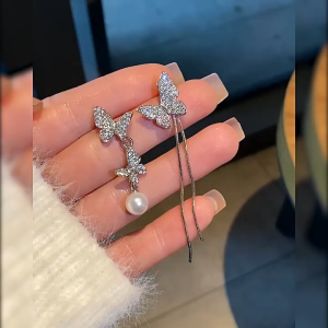 LL S925 silver Fashion Sweet Butterfly Pearl Zircon Irregular Earrings  ES69146