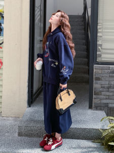 Loose Fit Hoodie And High Waist Mini Skirt Set Womens Style in Dark Blue Casual Fashion Two Piece Suit Autumn New Arrival