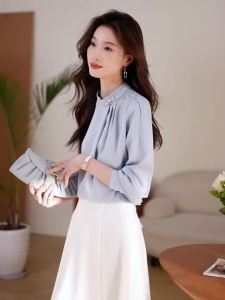 AMMIN Korean Style Fashion Pleated Beaded Stand Collar Blue Shirt for Women 2025 Spring Autumn High-end Long Sleeve Commuting Elegant Blouse