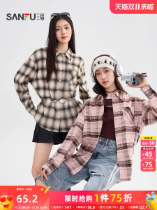 Áo Sơ Mi Dài Cổ Điển Three Happiness 2025 Mùa Đông Rộng Rãi Cổ Bẻ Kẻ Caro Túi Trước Áo Sơ Mi Nữ Thường Ngày