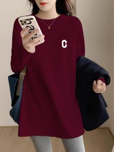 เสื้อยืดคอกลมแขนยาวผ้าฝ้ายแท้สีแดงไวน์สำหรับผู้หญิง ทรงหลวมสบาย ๆ ฤดูใบไม้ผลิและฤดูใบไม้ร่วง เสื้อชั้นในลายการ์ตูน