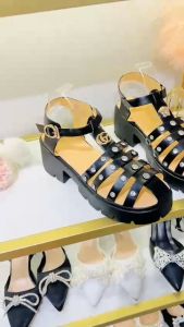 Giày sandal bánh mì rọ GC đen HALEY STORE 6cm mũi tròn 2 tag khóa gót vuông tiểu thư đi chơi đi tiệc đi học đi làm