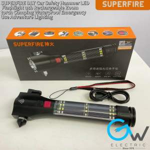 SUPERFIRE D17 Car Safety Hammer LED Flashlight usb Rechargeable Zoom torch Camping Waterproof Emergency