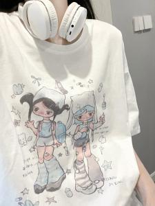 เสื้อยืดคอกลมแขนสั้นหลวมพิมพ์ลายการ์ตูนสีฟ้าสำหรับสาวๆ ผ้าฝ้ายแท้ ทรงหลวมสบาย ๆ สำหรับฤดูร้อน เสื้อยืดผู้หญิงสไตล์ลำลอง