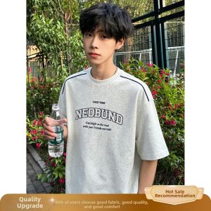 OUMULONG | White Flower Gray Letter Embroidery Summer Design Men T-Shirt