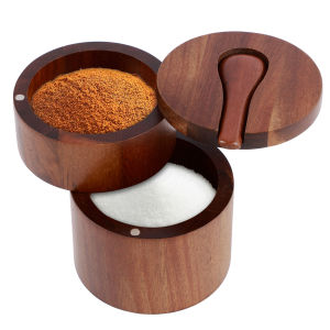 Acacia Wood Salt and Pepper Bowl with Swivel Lids and Spoon Salt and Pepper Storage Boxes Spice Seasoning Container for Kitchen
