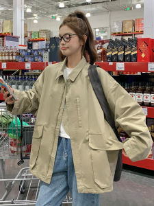 Khaki Casual Style Womens Workwear Jacket Mid-Length Fashionable Loose Fit Autumn New Arrival Button Closure Long Sleeve