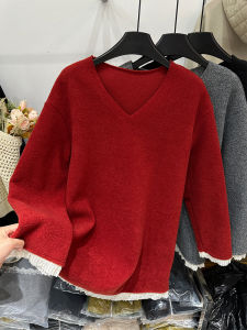 Korean Style Red Christmas New Year V-neck Lace Splicing Soft Thickened Cashmere Sweatshirt Womens Autumn Winter Lazy Style Top
