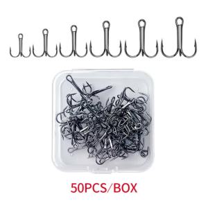 Shawto 50pcs Treble Fishing Hooks Set High Carbon Steel Fishing Hooks Strong Sharp Round Bend for Lures Baits 6# 8# 10# 14# 16#