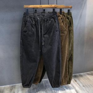 Retro Corduroy Fleece Lined Loose Fit Trousers for Men Autumn Winter Cargo Pants Youth Style Daily Wear Khaki Solid Color