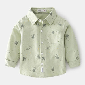 Boys Long Sleeve Cotton Shirt Cartoon Print Fleece Finish Pure Cotton Spring Fashion Childrens Clothing Casual Style Shirt