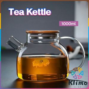 KLIMO 1L Heat Resistant With Wooden Cover Tea Pour Kettle Hot Coffee Tea Milk