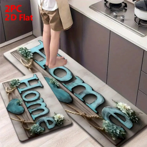 VIKAMA Home Letter Kitchen Rug SetNon Slip Washable Anti Fatigue MatWood Blue Heart Plant Entry Hall Decor Floor Rug