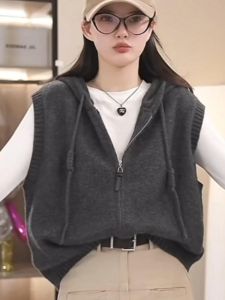 Fashionable Knitted Hooded Cardigan Womens Autumn Winter Zipper Closure Layering Top Korean Style Loose Fit Solid Color
