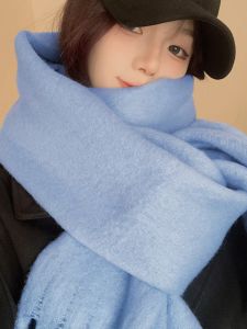 ผ้าพันคอขนสัตว์เทียมหนาสำหรับผู้หญิงในฤดูหนาว ผ้าคลุมไหล่สีฟ้าหมอกป่า ทรงยาว สไตล์ลำลอง เนื้อผ้าคอตตอน ผ้าไหมโพลีเอสเตอร์