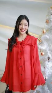 มินิเดรส lll Freesize lll ZO057 คอปีน กระดูมหน้า แขนยาวทรงกระดิ่ง แต่งระบาย แพทย์เทิร์น น่ารัก ฟรุ้งฟริ้ง ผ้าชีฟอง สบาย