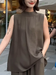 QINGNAER | Plus Size French Luxury Versatile Coffee Color Stand Collar Sleeveless Vest Shirt