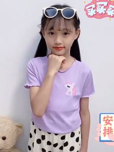 2025 เด็กเสื้อยืดแขนสั้นฤดูร้อนแต่งตัวเห็ดหูหนูขอบตีเสื้อสาวน้อยเด็กน่ารักอากาศด้านบน