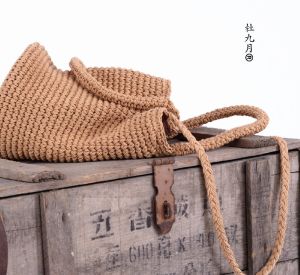 Retro Knitted Bucket Bag Womens Crossbody Lazy Style Cotton Canvas Shoulder Bag Casual Leisure Tote Bag Soft Foldable Handbag