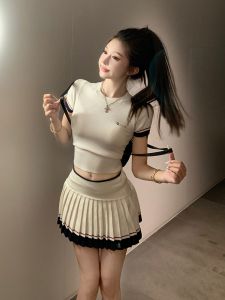 VKSOD | Áo thun tay ngắn dệt kim cổ tròn thường ngày mùa hè cho nữ váy chữ A xếp ly cạp cao bộ đồ hai mảnh