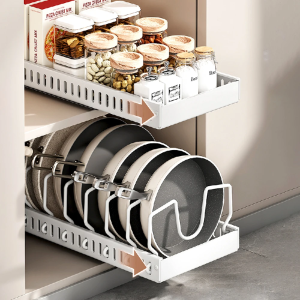 Sliding Drawer Pot and Pan Organizer for Under Cabinet - Pull Out Tray with 8 Adjustable Dividers for Cookware and Lids