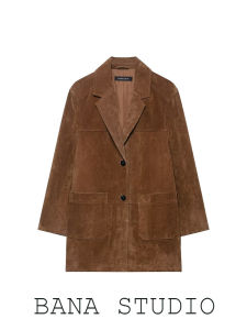 เสื้อสูทหนังกลับสีน้ำตาลสไตล์ย้อนยุค BANA สำหรับผู้หญิง ปกจั๊ม แขนยาว ปกติ เสื้อคลุมยาวปานกลาง