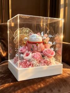 Preserved flower acrylic lucky cat figurine suitable for opening ceremony gifts housewarming gifts lucky cat preserved flower gift box lucky cat ornament home office desk decoration gift.