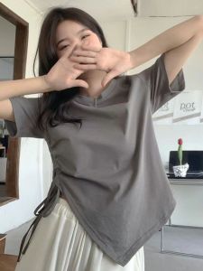 Áo thun ngắn tay màu xám bất đối xứng dành cho nữ cỡ lớn dáng rộng phù hợp với quần áo mùa hè kiểu cổ tròn cho bé gái đầy đặn