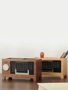 Walnut wood multifunctional pen holder office desktop storage box clock calendar model storage box