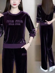 Gold Velvet Casual Set Womens Running Sportswear Two-Piece Suite Slimming Fashionable Autumn 2024 New Arrival Polyester Fiber