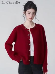 La Chapelle | Áo Cardigan Len Đan Đỏ có Ren và Hạt