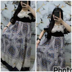 DRESS AMORA SMOKE DEPAN BELAKANG TANGAN RUMBAI BANYAK MOTIF CANTIK