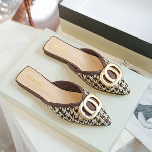 Womens Summer Outdoor Wear Toe Covering Mules Flat Bottom Half Slippers Pointed Toe Large Size Shoes for Women Size 41 to 43