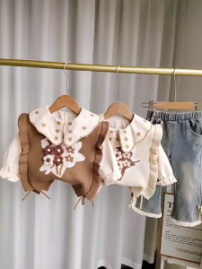 XABY Setelan Anak Perempuan Lengan Panjang Bahan Rajut Soft Jeans Motif Bunga Usia 1-4 Tahun