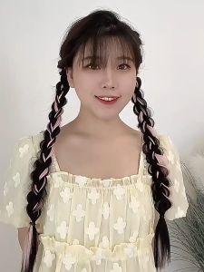 Wig Braid Female Ponytail Cute and Cute Double Ponytails Color Hair Braid Net Fried Dough Twists Braid Natural Fake Ponytail Fashion Accessories for Hot Girls