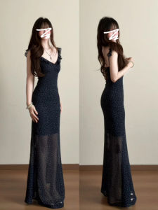 Karrar betsey | New Summer Fitting Tea Break French Ruffles V-Neck Polka Dots Long Dress