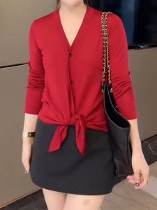 UYFY | Red V-neck Long Sleeve Casual Shirt Womens Commute Fashion Slimming Top Korean Style Autumn New Arrival Anti-aging