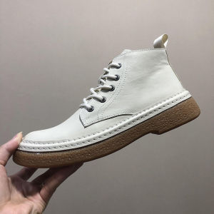 Trendy Leather Martin Boots High Top Mens Casual Shoes British Style round Toe Rubber Outsole Comfortable Wear All Seasons