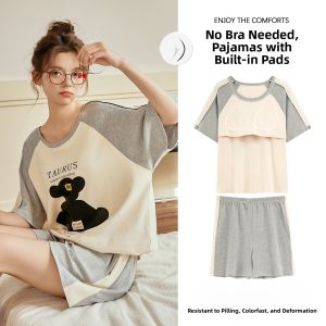 MiiOW | Pure Cotton Womens Sleepwear Set With Chest Pad Summer Casual Home Clothes Short Sleeve Short Pants Cute Cartoon Design