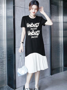 Casual Summer Dress Womens New 2025 Fashionable High-End Letter Print Chiffon Splicing T-Shirt Dress Korean Style Soft Cotton