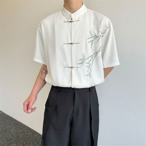 Summer New Chinese Style Short Sleeve Stand Collar Embroidered Bamboo Leaf Shirt Men Versatile High-End Feeling Half Sleeve Shirt