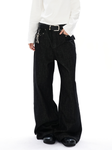 S3T5 Rivet Wide Leg Denim Original Color A-Line Jeans Loose Casual Trousers for Women Autumn New Style American Straight Loose Jeans