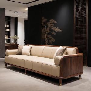 New Chinese Style Sofa Luxury Straight Row Solid Wood Leather High End Villa Home Use Living Room Furniture Black Walnut